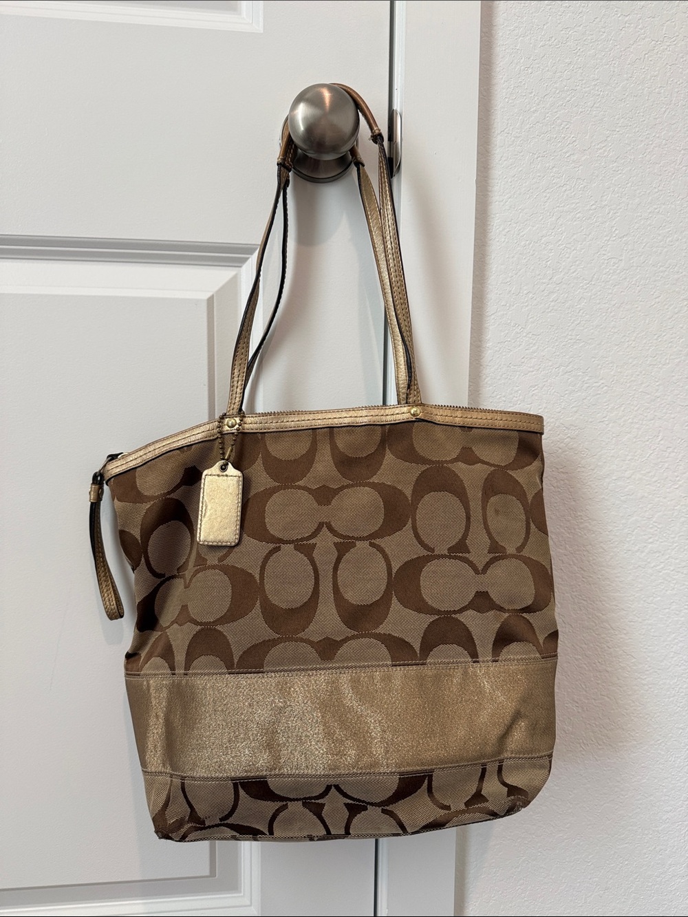 Coach Signature Canvas Tote in Brown with Metallic Trim